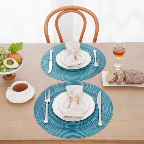 Image of SHACOS 15 inch Round Placemats Set of 6 Variegated Multicolor Place Mats Cotton Polyester Braided Non Slip Washable Heat Resistant Table Mats for Home Wedding Dinner Party Table Decor, Rainbow Teal