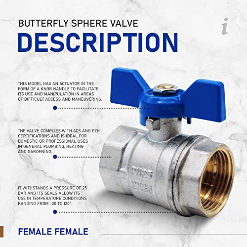 DOJA Barcelona | Kugelhahn | Wasserabsperrhahn 1/2 Blau | PN-25 Innengewinde-Innengewinde | in Messing | Kugelhähne mit Flügelgriff für Toilette komplett, Wasser mit Gas, Sanitärschläuche