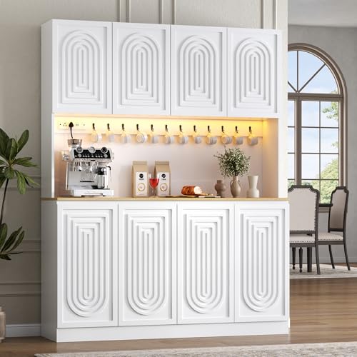 Image of 71 inch White Kitchen Pantry with Power Outlet & LED Light, Large Kitchen Hutch Cabinet with Adjustable Shelf, Modern Buffet Cabinet with 8 Doors, Food Pantry Storage for Dining Room (White 8 Doors)
