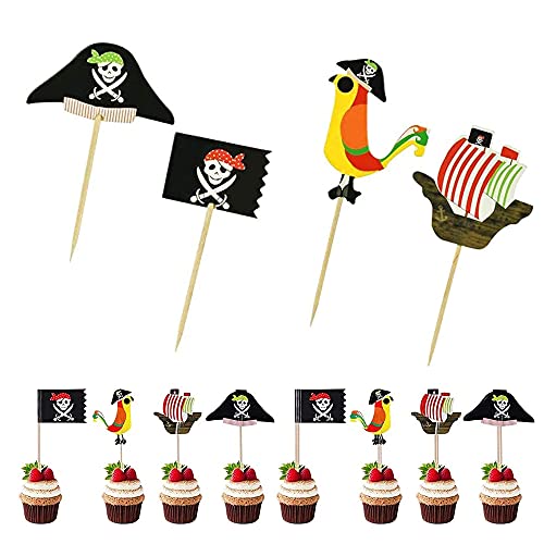 48Pcs Paquete Fiesta Piratas, Piratas Pastel Topper Cupcake, Toppers de Pastel Pirata, Decoración Torta Pirata de Toppers, Adornos comestibles para cupcakes para niños Cover
