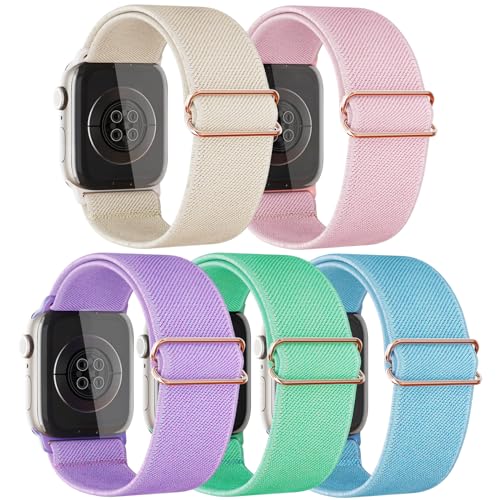 5 Packs Compatible with Kids Apple Watch Band,Comfy Stretchy Adjustable Nylon Replace Bands for Iwatch Ultra Series 9 8 7 6 5 4 3 SE SE2 38mm 40mm 41mm & 42mm 44mm 45mm 49mm for Boy Girl Small Wrist