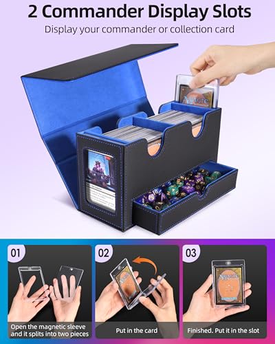 Image of MTG Deck Box, MTG Commander Card Deck Box with Commander Display, Fits 250+ Single Sleeved, Double Card Storage Box with Dice Tray, Magnetic Card Storage Case for CCG TCG Sports Cards, Black Blue