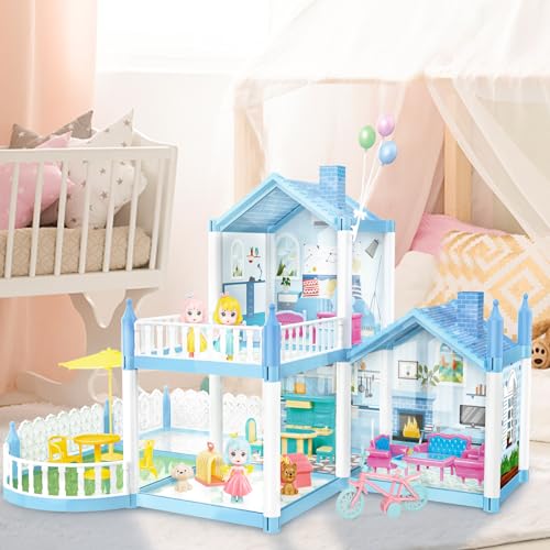 deAO Dollhouse Dreamhouse,DIY Building Pretend Play House,3 Dolls & 2 Pets Princess Doll House and Furniture,STEM Pretend Play Toys for Girls,Girl Gift for 3 4 5 Age,