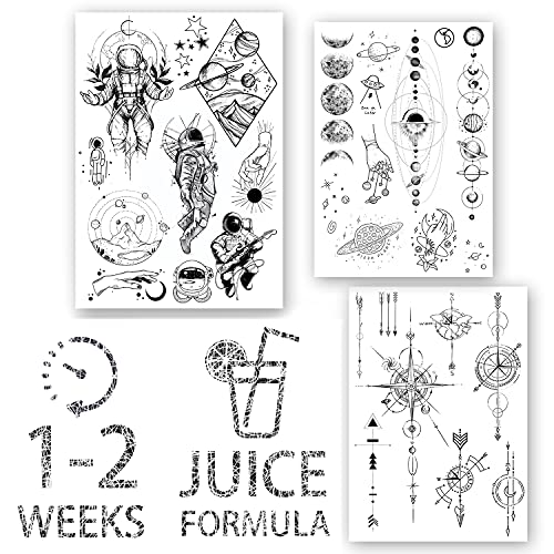 AWAKEN Pegatinas de Tatuajes Semipermanentes Temporales a base vegetal dura 1-2 Semanas Paquete de 3 hojas Design Unisex Astronauta Universo Estrellas Planetas Galaxias Brújula (Pack 1) Cover