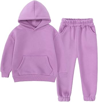 Youth 2Pcs Brushed Fleece Sweatsuit Hooded Pullover Tracksuit Kids Boys Girls Sweatshirt + Pants Outfits Set