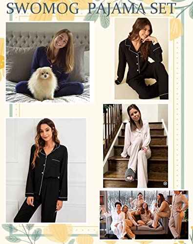 Image of SWOMOG Womens Pajamas Set Long Sleeve Sleepwear Button Down Nightwear Soft Cotton Pj Lounge Sets