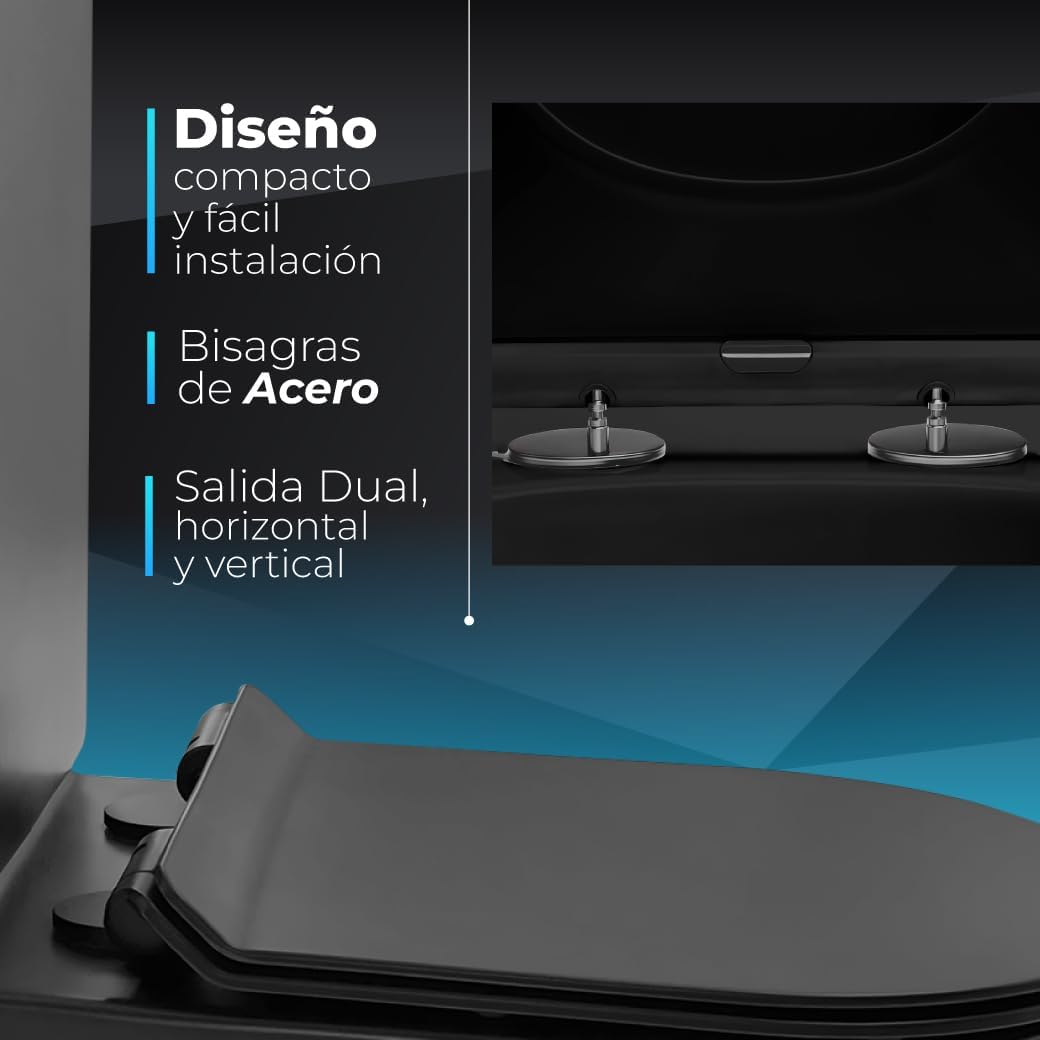 BAÑO MODERNO Inodoro Completo - WC Con Sistema Rimless Antibacterias - Vater Con Tapa Dura Extrafina Amortiguada - Salida Dual - Para Hogar Color Negro - Retrete