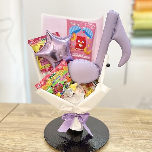 カラフルスナックブーケ、お菓子、ラムネ、クラッカー、グミ、バルーン付き、誕生日、発表会、プレゼント用 (パープル)のサムネイル