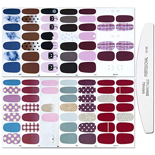 WOKOTO 12 Sheets Adhesive Nail Polish Wraps Stickers With 1Pc Nail File Ombre Nail Art Decals Strips Set Manicure Accessories