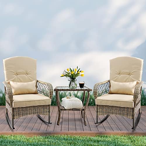 CIRMUBUY 3-Piece Patio Furniture Set,Outdoor Rocking Chairs Set of 2, Patio Conversation Set with 2 Wicker Chairs with Glass Coffee Table and Cushions for Garden,Porch,Backyard, Bistro (Beige)