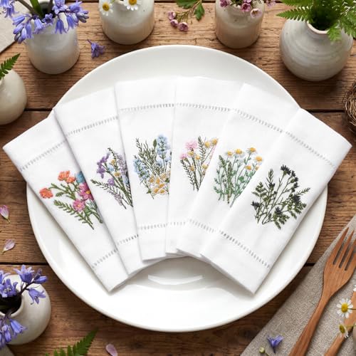 Frienda 12 Pcs Embroidered White Cocktail Napkins Bulk 6 x 6 Floral Cotton Cloth Napkin Coasters Set Vintage Hankies Handkerchiefs for Spring Martini Cocktail Bachelorette Party Gift Decorations