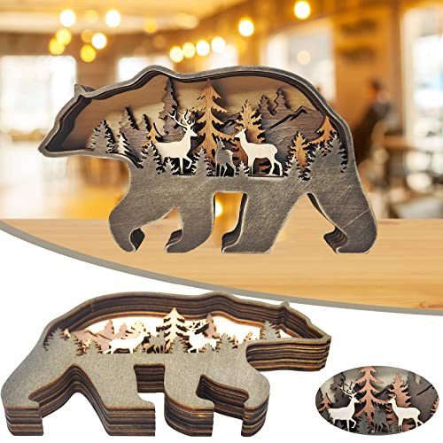Miyolo Wooden Bear Art Rustic Home Decor North America Forest Animals Brown Bear Carved Crafts Multi-Layer Creative Bear Silhouette Figurine Wall Table Shelf Desktop Decoration #TOP1