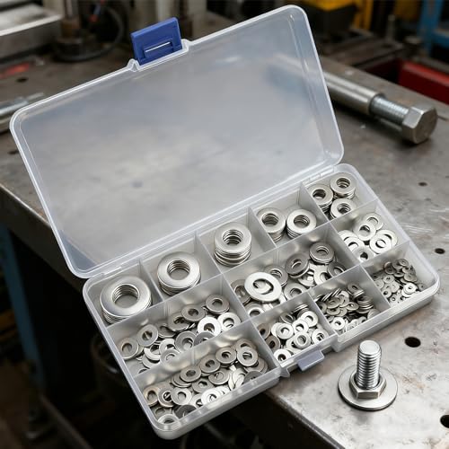 550PCS 12 SAE Sizes 304 Stainless Flat Washer Assortment Kit-1/2, 7/16, 3/8, 5/16, 1/4, 3/16, 12#, 10#, 8#, 6#, 4#, 2#, Flat Washers for Screws, Washers for Bolts