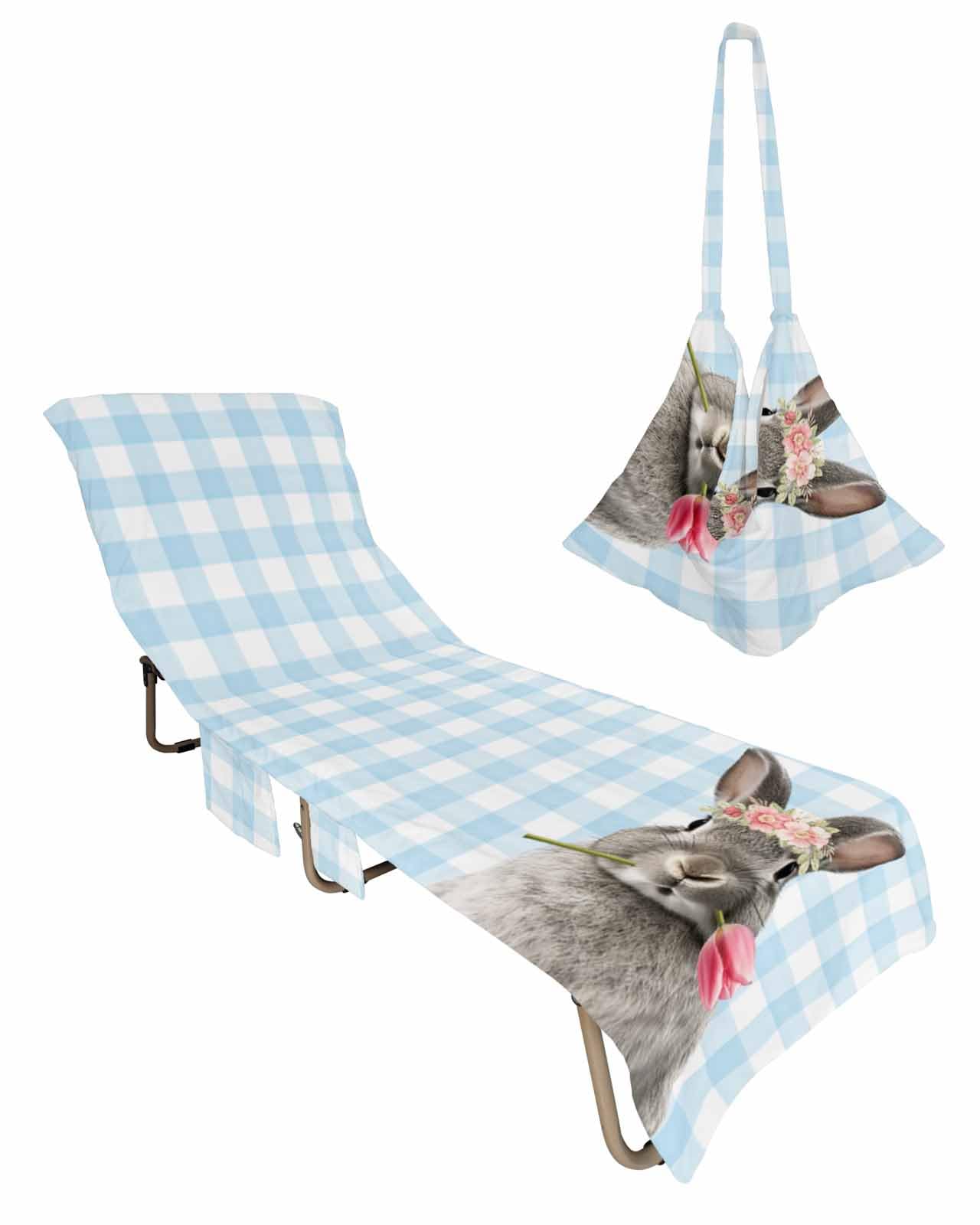 Blue Easter Bunny Beach Lounge Chair Towel Cover, Soft Chaise Lounge Towel with Side Pockets Patio Pool Chairs Cover for Beach/Pool Sunbathing 29x85 Spring Floral Tulip Blue Plaid