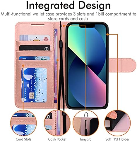 TECHGEAR iPhone 13 Mini Leather Wallet Case, Flip Protective Case Cover with Wallet Card Holder, Stand and Wrist Strap - Rose Gold PU Leather with Magnetic Closure Designed for iPhone 13 Mini 5.4"