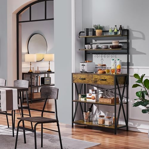 Yaheetech Baker's Rack Kitchen Storage Rack Microwave Oven Stand with 2 Drawers, 5-Tier Shelf and 6 S-Hooks, Industrial Coffee Bar Station, Metal Frame, 90x40x170cm, Rustic Brown - Image 2