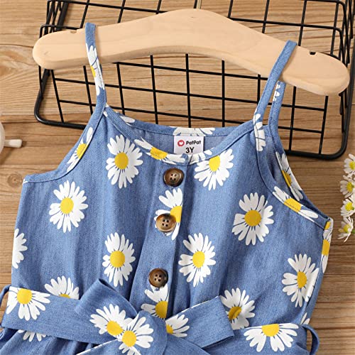 Patpat Toddler Girls Romper Baby Girl Sleeveless Jumpsuit Belted Button Daisy Floral Print Denim Style Rompers #TOP2