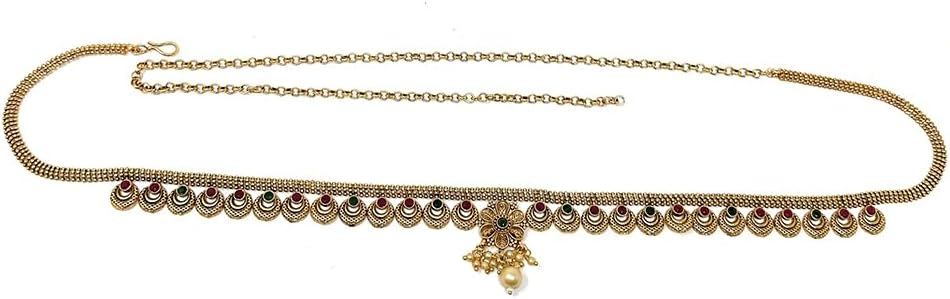Duel On Jewel Indian Kamarbandh Waist Belt for Women, Gold Plated Waist Belly Dancer’s Chain with Zircon Accents, Adjustable Bridal Wedding Dandiya Party Dance Jewelry, Traditional Ethnic Hip Chain