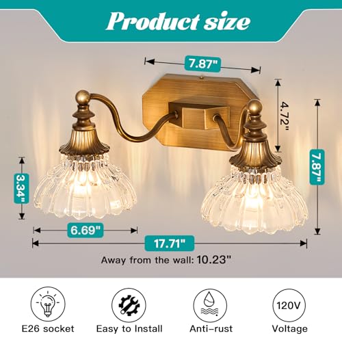 Image of hesoge Vintage Bathroom Light Fixture Antique Brass Vanity Light with Crystal Glass Shade Brushed Gold 2-Light Bathroom Light Over Mirror