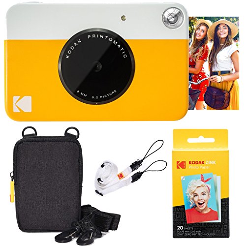 Image of Kodak Printomatic Full-Color Instant Print Camera Starter Bundle + Carrying Case + Zink 20pk Photo Paper - Colorful Photos On 2x3 Sticky-Back Paper - Fun Gift for Birthday Christmas Holiday - Yellow