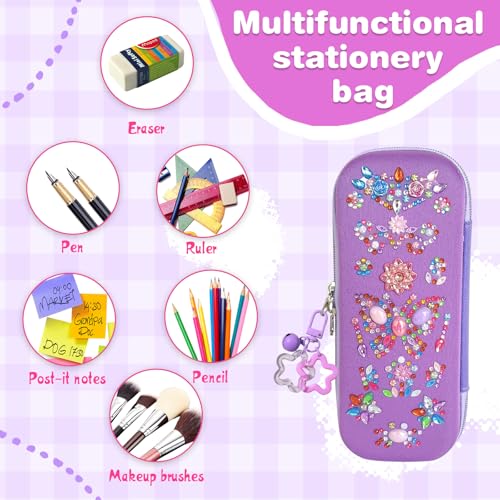 Avalessia DIY Diamond Arts and Crafts Stickers Pencil case for Girls, 3 Sheets Fun Gem Sticker Kit with Pencil Pouch ，for Kids Ages 4-6-8-12 Birthday Gifts, Teen Girls for School Supplies (Purple) — view 5