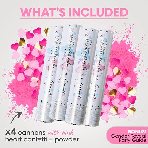 PrimePure Gender Reveal Confetti Cannon - Biodegradable Powder & Heart Shaped Confetti Poppers - Pink, 4 Pack - Baby Girl Gender Reveal Smoke Bombs Party Poppers Cannons Shooters