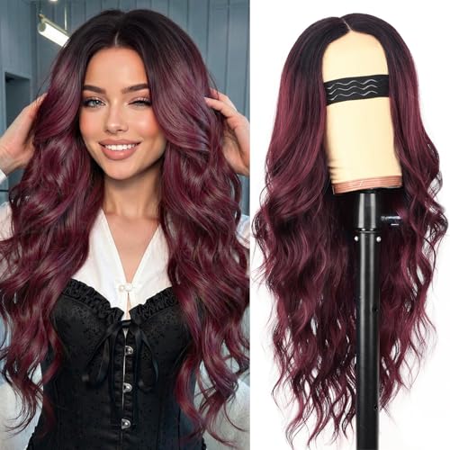 Image of AISI HAIR Wig for Women, Long Red Wavy Lace Hairline Middle Part Synthetic Heat Resistant Wig for Daily Party-26 Inch