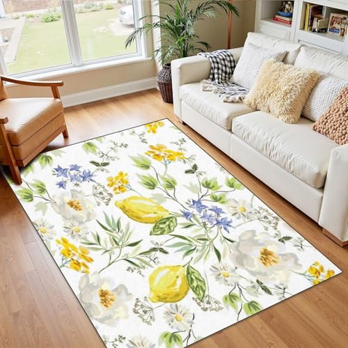4x5 Boho Rug Rugs for Living Room Rugs for Entryway Peony Yellow Flowers Lemon Fruits Green Leaves White Floral Yellow Bedroom Rug Door Mat Nursery Room Decor Rainbow Carpet