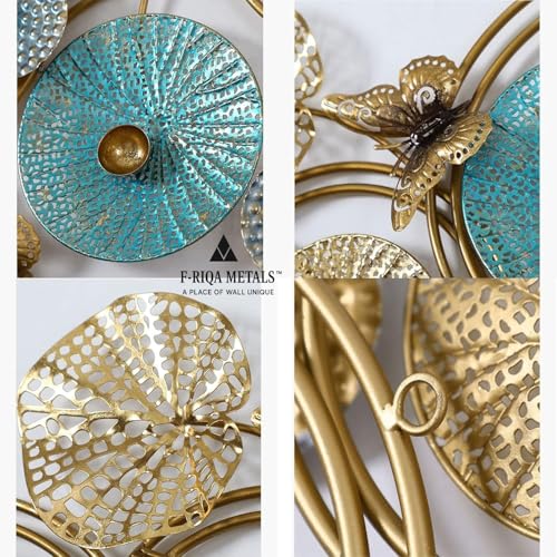 Image of F-RIQA METAL Metal Wall Art Floral Design with Butterfly Accents | Teal Gold Silver 3D Modern Wall Decor | Large Metal Wall Hanging for Living Room Bedroom Hallway Office (124 x 54 cm)