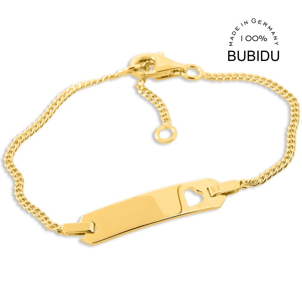 Baby ID Armband gold zur Taufe Geburt Taufarmband mit Gravur aus 925 Silber vergoldet mit Herz Namensarmband Baby Kind kurz 12cm 14cm Geschenke Taufe für Mädchen oder Junge