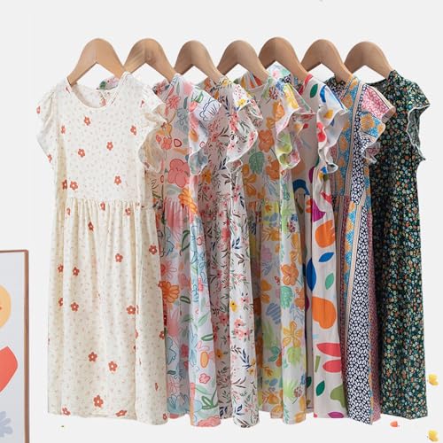 Girls Summer Ruffle Sleeve Floral Dresses Smocked Flowy A-Line Cotton Sundresses for Girl Casual Boho Dress 4-12 Y3