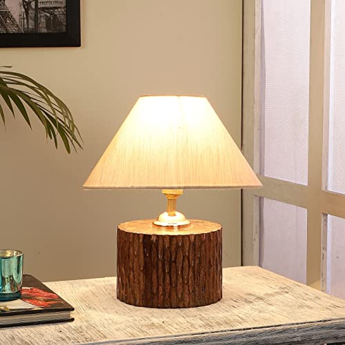 Image of tu casa Table Lamps with Mango Wood Base & Off-White Cotton Shades for Home Decor, Bedrooms, Living Room, Gifting, Diwali Decoration, Dining Space, Study Room, Hall (Height- 29cm) - Bulb not Included