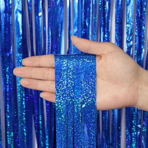 Image of 2 Pack Fringe Curtains Backdrops, Foil Fringe Curtains, Door Streamers for Birthday Wedding Bridal Shower Holiday Graduation Party Decorations, Photo Booth Backdrops, Glitter Blue