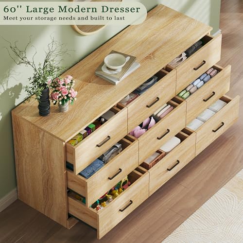 Image of 9 Drawer Dresser for Bedroom, 60'' Long Mid Century Modern Dressers TV Stand, Wood Vintage Chests of Drawers, Large Storage Organizer for Bedroom, Closet, Entryway, Natural Oak