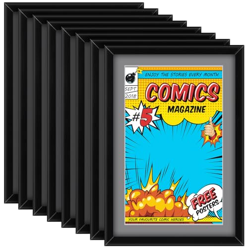 Image of Geetery 8 Pack Comic Book Frame UV Protection Magazine Picture Display Wall Mount Book Fit Current up to 6 3 /4 inch x 10 1 /4 inch Wall or Tabletop Display with Spring Clip Installed Hanger (Grey Mat)