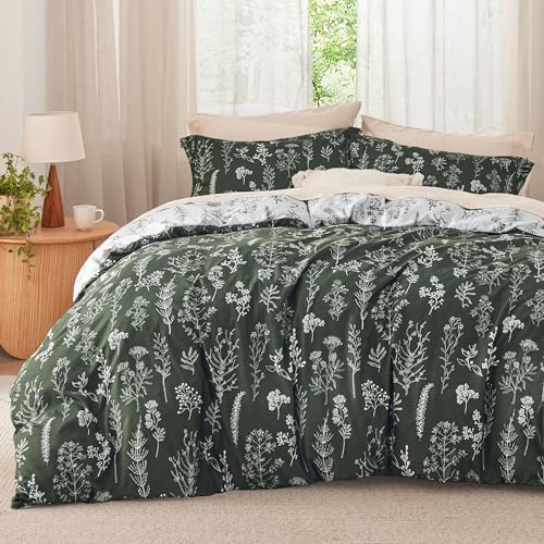 Image of Bedsure Full Comforter Set - Dark Olive Green Bed Set, 3 Pieces Cute Floral Bedding, 1 Soft Reversible Botanical Flowers Comforter and 2 Pillow Shams