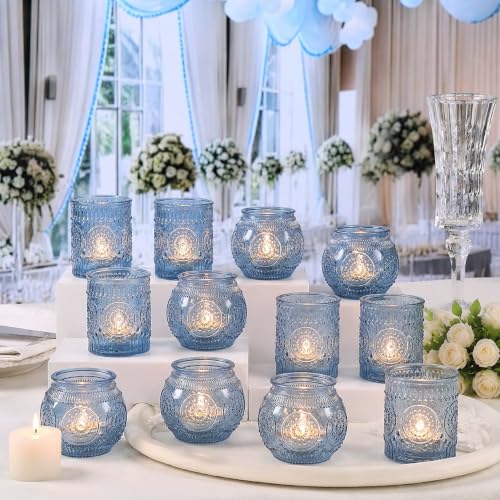 DARJEN 20 Pcs Large Blue Votive Candle Holder Glass Tea Light Candle Holder