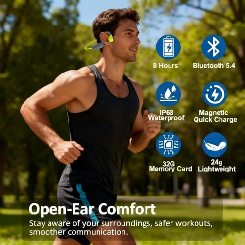 Image of Swimming Headphones, IP68 Waterproof Bone Conduction Headphones, Bluetooth 6.0&MP3 with32GB Memory Card, Skin Open Ear Swim Earbuds with Adjustable Headband for Swim Cap /Hat, Magnetic Charging(Green)