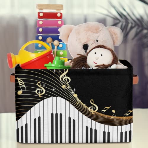 Storage Basket Bin, Piano Keys Music Notes Gold Large Collapsible Storage Cube Box With Handle Durable Waterproof Closet Shelf Organizer For Toy Nursery Bedroom Laundry Basket, 1 Pcs #TOP4
