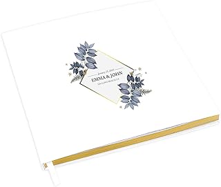 Andaz Press Personalized Wedding Guestbook with Gold Accents, Geometric Dusty Blue Leaves White Guest Sign in Guest Registry 120 Pages 8.5 X 8.5 Memories Book for DIY, Scrapbook, Photo Album