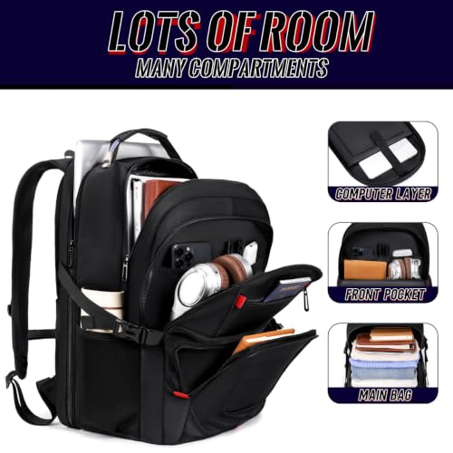 Image of Large Travel Backpack for Men, 17.3 inch Laptop Backpack, Black | 45L Capacity, 180 TSA-Friendly Carry On, Laptop Compartment, Water-Resistant, Sturdy Handle for Work Travel College