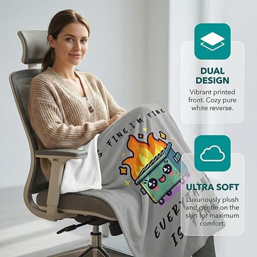 Funny Emotional Support Dumpster Fire Office Chair Blanket Funny Office Gifts for Coworkers Boss It's Fine I'm Fine Everything is Fine Grey Fun Soft Throw Blanket 60"X50" - Image 5