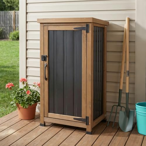 Image of PetsCosset Small Outdoor Storage Cabinet Waterproof with Metal Top, Wood & Metal Outside Potting Bench Table Tool Organizer with Adjustable Shelf for Patio Backyard Garden