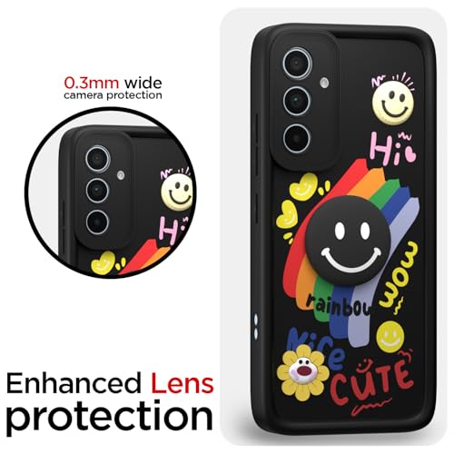 Image of Pikkme Back Cover for Samsung Galaxy A35 5G | Soft Silicone| Cute Rainbow Smile & 3D Cartoon Flower Design | Shockproof Raised Camera Protection Bumper Case (Black)