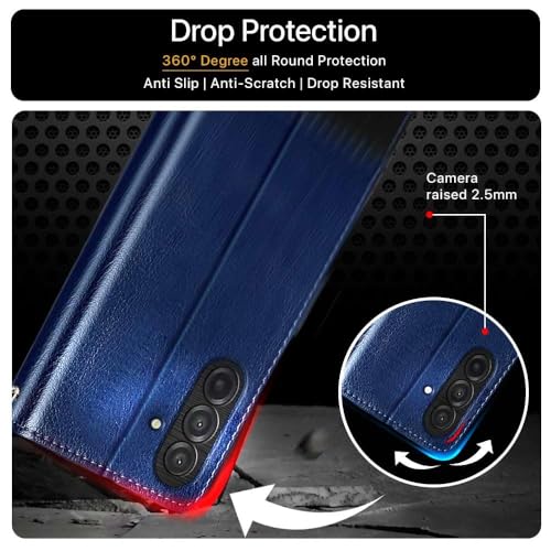 Image of FLIPPED Vegan Leather Flip Case Back Cover for Samsung Galaxy M17 5G | A17 5G | F17 5G (Flexible, Shock Proof | Hand Stitched Leather Finish | Card Pockets Wallet & Stand | Blue with Black)