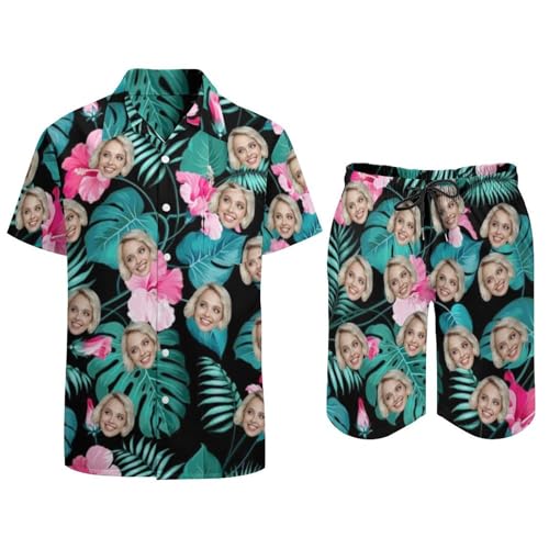 Custom Face Matching Couple Hawaiian Set Beach Dresses Outfit Personalized Shirt Shorts Slip Tropical Floral Sundress Swimsuit Cover Ups Sling Skirt Leopard3