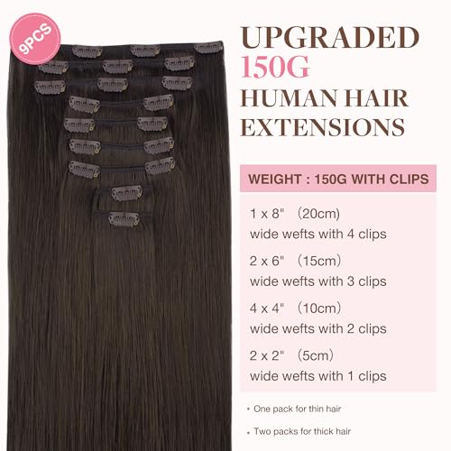 Image of GOO GOO Clip in Hair Extensions Real Human Hair, Remy Human Hair Extensions Clip ins for Women, Natural Human Hair, 16inch 150g 9Pcs, 2A Light Brown
