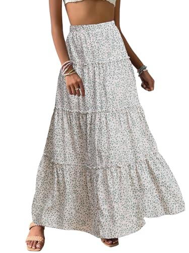Verdusa Women's Floral Print Elastic High Waist Pleated Ruffle Flowy Long Skirts