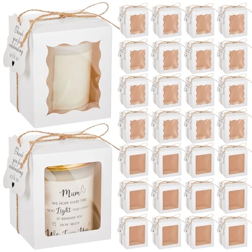 ReliThick 50 Set Candle Gift Box Transparent Gift Packaging for 4-10 oz Candles 50 Paper Thank You Tag for Wedding Birthday Baby Shower Party Favor 3.35x3.35x3.94 in(White Square)