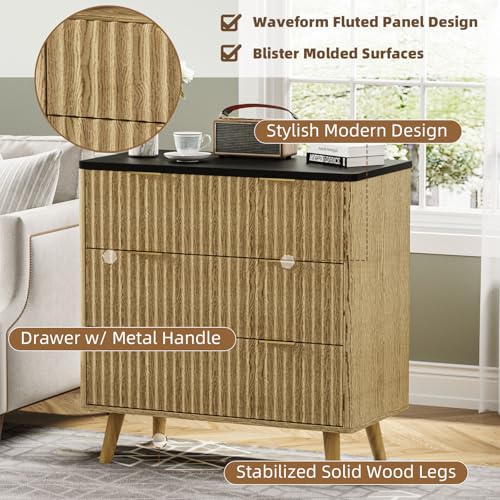 Image of BREEZEHEAT Modern 32 inch Fluted Nightstand Set of 2-Natural Wood Bedside Tables with 3 Drawers and Frosted Desktop, Large Night Stand-End Table for Large Spaces, Bedroom